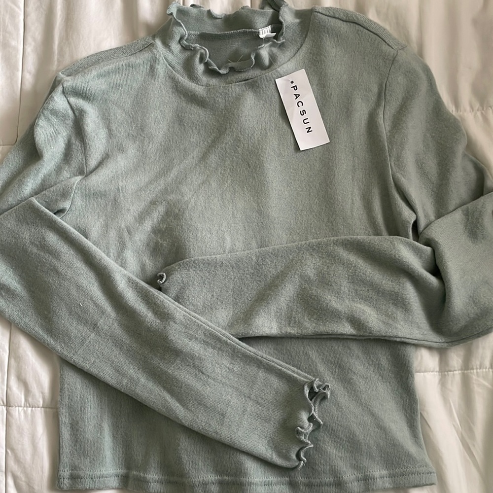 ruffle turtleneck long sleeve sage green